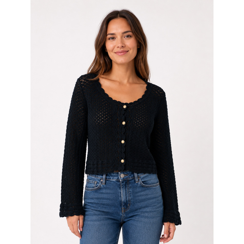 J.Crew Collection Crochet Cardigan Sweater Womens L Gold Buttons Scalloped Edges